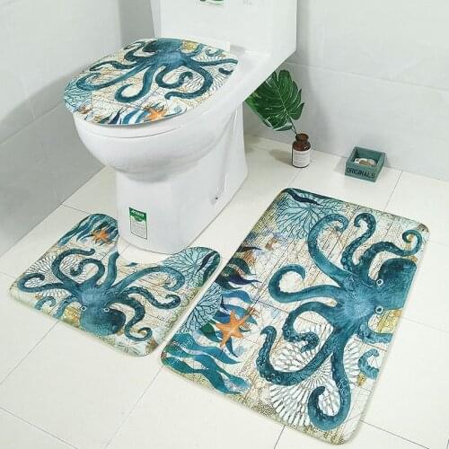 Zeegle 3Pcs Bathroom Carpets Set Turtle Octopus Printied Toilet Floor Mats Anti-slip Bathroom Rugs Bath Mat Set Shower Room Mats