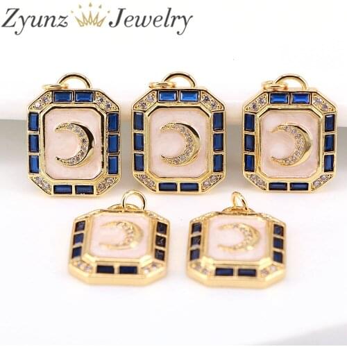 5PCS, Dainty Gold Crystal Moon On Rectangle Pendant, White Blue Cubic Zirconia Gold Enamel Charms Findings