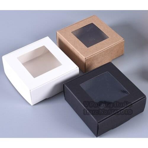 65x65x30mm Kraft Paper Gift Box with Clear PVC Window,Candy Cookies Christmas party gift ideas Box 200pcs/lot