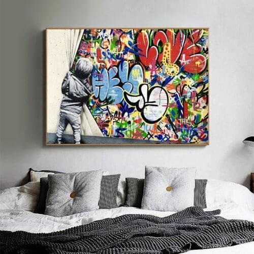 Banksy Art Kids Lover Behind The Curtain Canvas Paintings on The Wall Street Art Posters and Prints Cuadro Pictures Home Decor