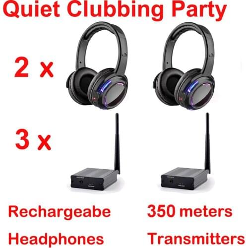 Silent Disco compete system black led wireless headphones - Quiet Clubbing Party Bundle (2 Headphones + 3 Transmitters)