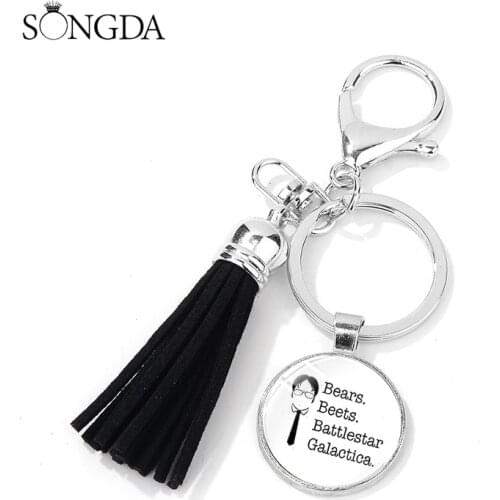 The Office TV Show Keychain Funny Dwight Schrute Beets Pretzel Glass Photo Dome Metal Keyring PU Leather Tassel Key Chain