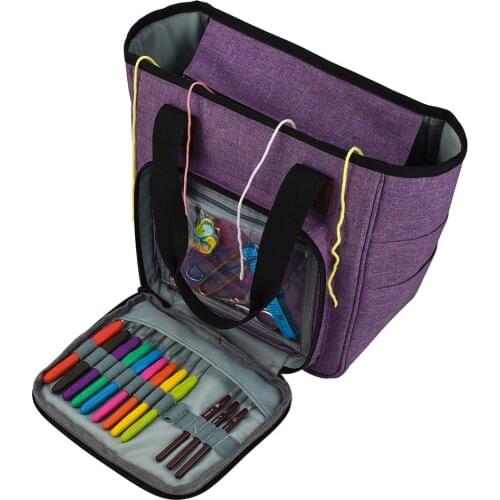 DIY Knitting Carrying Case Portable Knitting Yarn Storage Bag With Multiple Pockets Tote Bag For Needles Crochets Threads