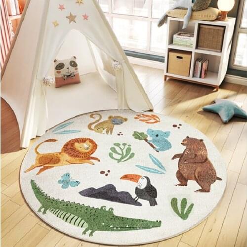 Kids Play Tent Round Area Rugs Cute Cartoon Animals Print Non-Slip Floor Mat Childrens Room Bedroom Bedside Soft Plush Blanket