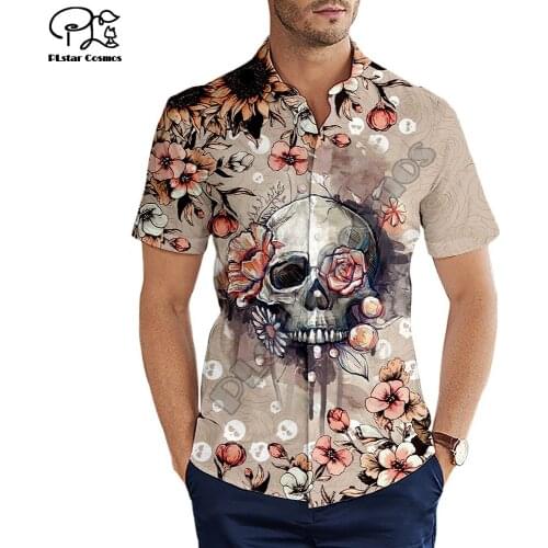Hawaiian beach summer Fashion Short sleeve shirt Vintage style flower and skull Print 3d Mens Shirt Casual Harajuku Tee shirts