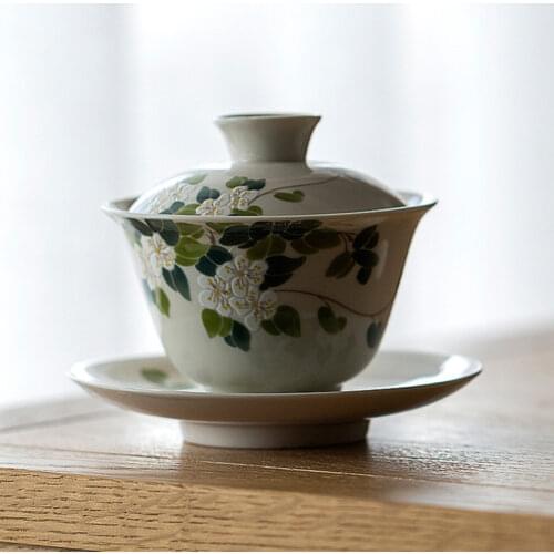 Ceramic Handmade Kung Fu Gaiwan Creative Hand-painted Chrysanthemum Tea Tureen Tea Set Office Tea Bowl with Saucer Drinkware