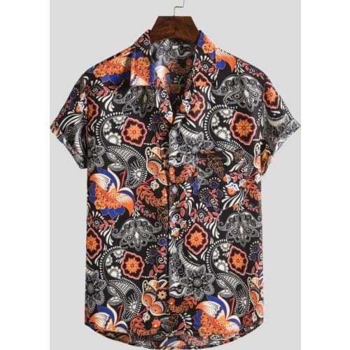 2021 Casual Cotton Shirts Mens Vintage Floral Printed Summer Breathable Square Pocket Short Sleeve Hawaiian Shirt