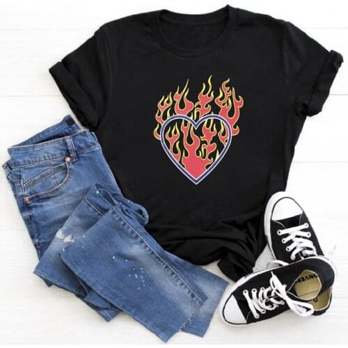 Mens T-shirts Female Tops Harajuku Gothic Female Flames Tshirt Flame Heart Print O-Neck Tops Tees Gothic T Shirt Plus Size