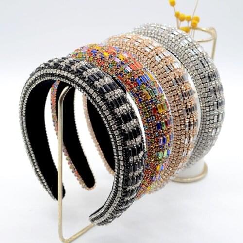 2021 Hot Sale Baroque Rhinestone Headbands Sponge Wide Side Retro Full Drill Headband Korean Crystal Hairbands For Women