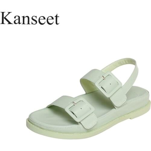 Kanseet Flat Platform Shoes Women Shoes Buckle Genuine Leather Ladies Summer Flat Sandals Round Toe Causal Sandals Black Size 40