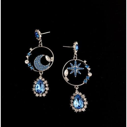 TIMEONLY Temperament Blue Color Star Moon Rhinestones Dangle Earrings Waterdrop Crystal Earring for Women Girls Circle Jewelry