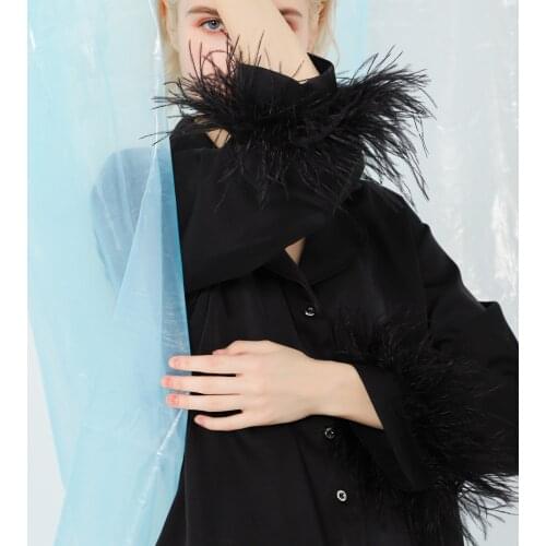 European Spring Autumn New Cuffs Ostrich Fur Luxury Satin Suit Collar Pajama Style Shirt Jackets Women Coats Fashion Streetwear