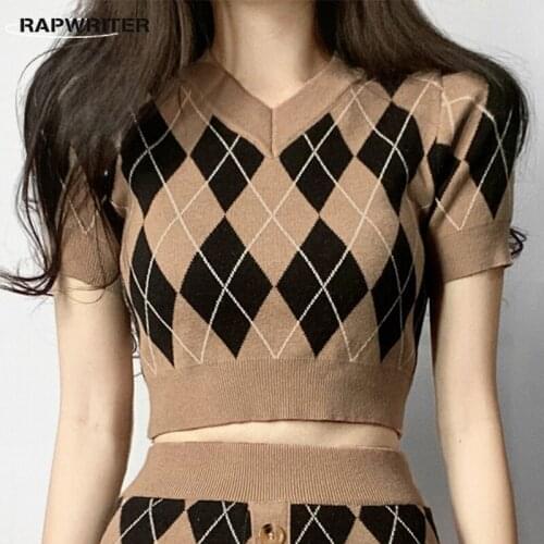 Rapwriter Vintage Plaid Crop Top Y2K Preppy Style Tshirt Women Knitted Short Sleeve Tee 90S V Neck Top Harajuku Streetwear Chic