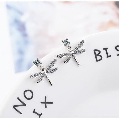 Zircon Dragonfly 925 Sterling Silver Stud Earring For Women Korean Fashion Jewelry Aretes De Mujer Brincos Oorbellen