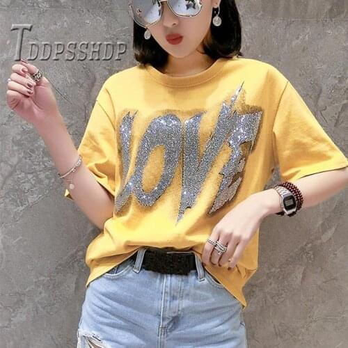 Love Sequins Decor Women T Shirt 2019 Summer Round Neck Black White Yellow Green Color Female Tee Shirts