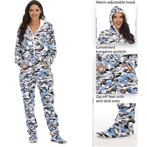 Women Fleece Printed Footed Hooded Onesie Abdl One Piece Sleeper Jumpsuit Adult Pajamas