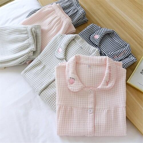 Women Pajamas Set Autumn Ladies Cotton Nightshirt Sets Solid Color Plaid Pyjama Suit Long Sleeve Pants Sleepwear Household Wear