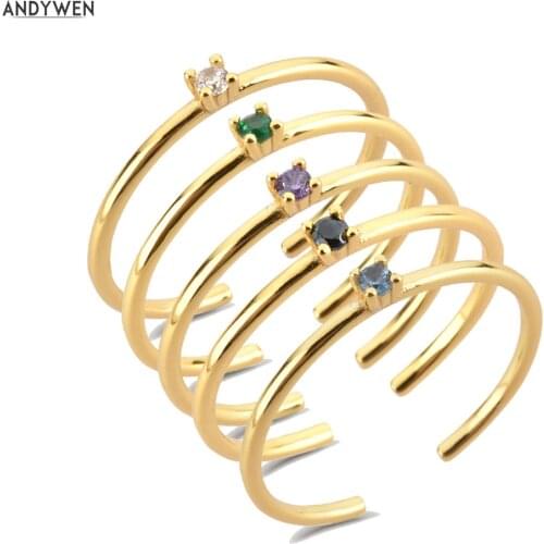 ANDYWEN 100% 925 Sterling Silver Slim Women Resizable Ring One Zircon Rainbow Adjustable Rings Women Luxury Crystal Jewelry Gift