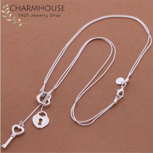 Pure 925 Sterling Silver Necklaces For Women Key & Heart Pendant & Necklace Collier Femme Wedding Bridal Jewelry Bijoux