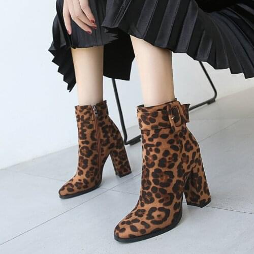 Spring Autumn Fashion Round Head Leopard Print Zipper Ladies Nude Boots Winter Frosted Thick Heel Short Womens Shoes