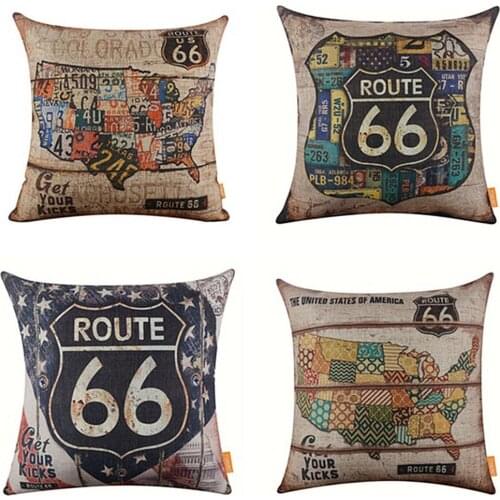 45*45cm Square Vintage Double-Sided Pillow Case American Map Route 66 Pattern Soft Linen Pillow Case Removable Cushion Cover