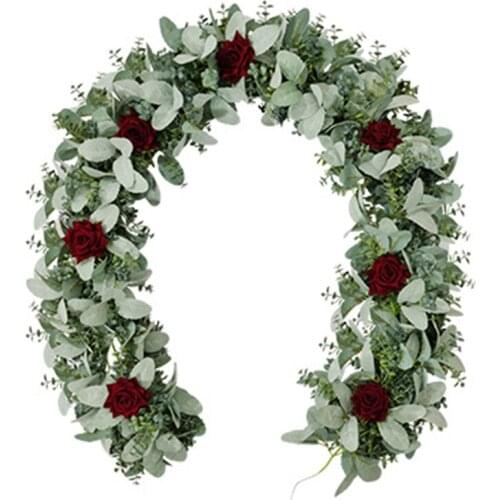 6.7Ft Eucalyptus Garland with Flowers, Lambs Ear Greenery White Roses Fake Vines for Wedding Table Mantle