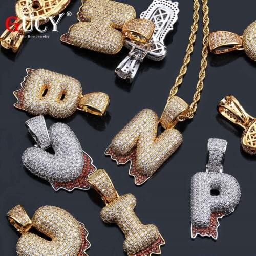 GUCY A-Z Name Red Dripping Bubble Letters Necklace & Pendant For Men Women Gold Silver Color Cubic Zircon Hip Hop Jewelry