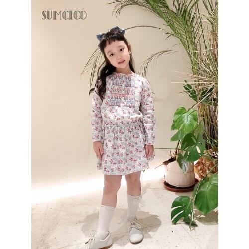 Sumcico Girls Red floral dress and retro floral dress smocking dress