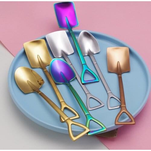 Creative Retro Stainless Steel Iron Shovel Spoon Coffee Ice Cream Spoon Engineering Shovel Cute Square Head Spoon Kitchen Gadget