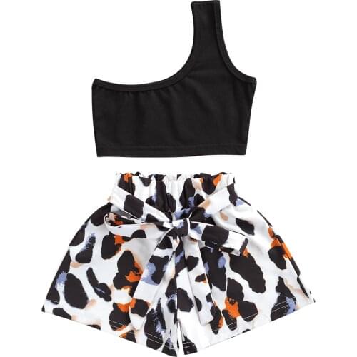 2021-04-07 Lioraitiin 2 Pcs 1-7Years Toddler Baby Girl Summer Outfits One Shoulder Solid Color Crop Top Tie-up Leopard Shorts