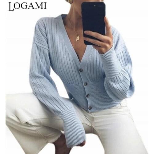 LOGAMI V Neck Single Breasted Autumn Cardigan Women Long Sleeve Candy Color Short Cardigans Fashion Sweater 2020