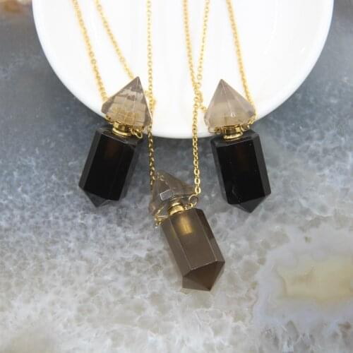 New! Smoky Quartzs Hexagon Prism Perfume Bottle Pendants,Plated Gold Chains Crystal Faceted Point Gems Essential Oil Vial Charms