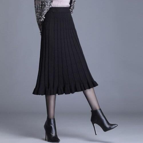 2021 Autumn Winter Women New Thicken Knitted A-line Skirt Female Solid High Waist Warm Long Skirts Female Elegant Faldas Q118