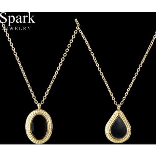 Spark Fashion Black Stone Oval Water Drop Pendant Necklace Gold Stainless Steel Chain Necklaces For Women Party Gift Collar