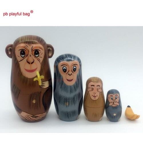 PB Playful bag Five layer monkey eating banana Russian dolls handicraft handmade wooden toy set birthday present HG14