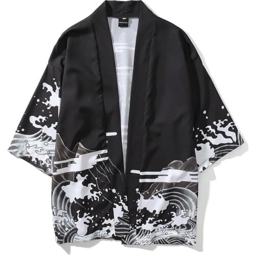 Printed Kimono Jacket Mens Japanese Printed Cardigan Male Beach 3/4 Sleeve Casual Coats Top Streetwear New Thin Outwear
