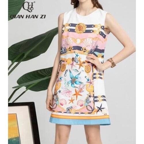 Qian Han Zi designer high-quality fashion beaded sleeveless dress Women elegant Shell starfish print Casual dress