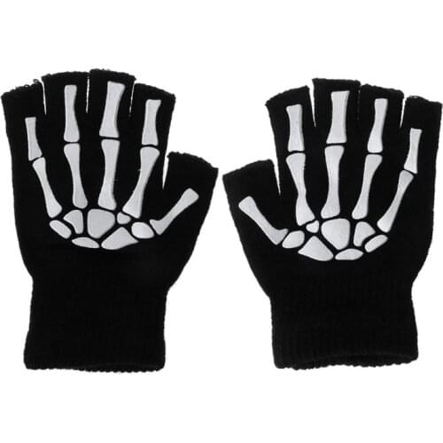 Warm Knitting Gloves For Adult Solid Acrylic Half Finger Glove Human Skeleton Head Gripper Print Cycling Non-slip Wrist Gloves