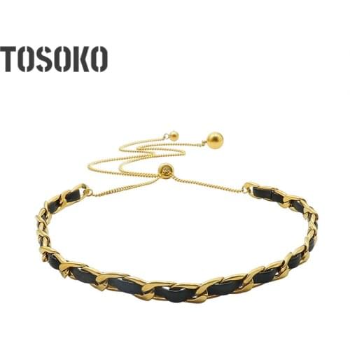 TOSOKO Stainless Steel Jewelry Leather Rope Chain Tassel Pull Necklace Cool Female Clavicle Chain BSP925