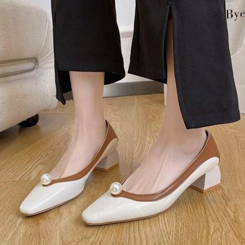 Womens Shoes Pearl Decoration Square Heels Pumps Rimocy 2021 Fashion Pu Leather Women Elegant Wedding Party Shoes Woman Heels