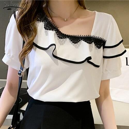 2021 Summer White Short Sleeve Fashion Puff Sleeve Lace Skew Collar Clothes New Sweet Ruffled Blouse Women Chiffon Shirt 15056