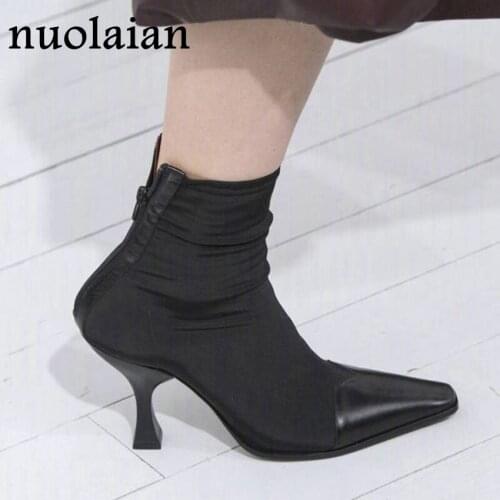 Women Stretch Boots Winter High Heel Shoes Woman Ankle Boots Black Fabric High Heels Shoe Sock Boot Lady Motorcycle Punk 8CM