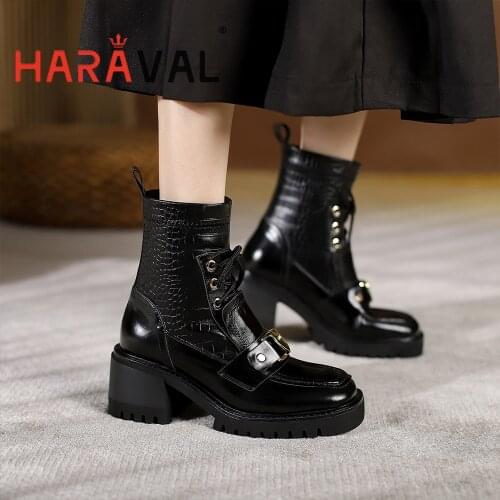 HARAVAL Women Ankle Boots Shoes High Heels Motorcycle Boots Black Brown Genuine Leather Cross-Tied Round Toe Shoes E368L