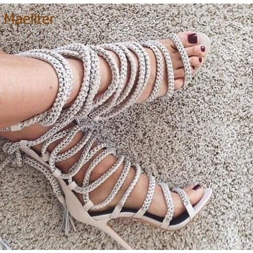 Women Sexy Lace Up Chain Tassel Sandals Stylish Metal Decoration Sandals Shoes Fastening Crossed Tie Fringe Shoes Rope Sandals