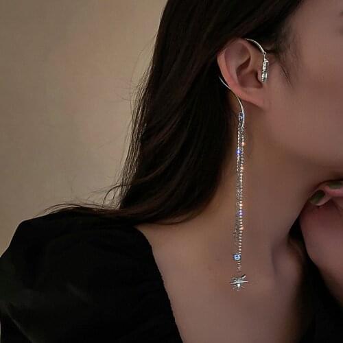 TIMEONLY Exaggerated Bling Bling Rhinestone Tassel Earrings for Women Silver Color Metal Star Clip Earrings Pendientes 2020