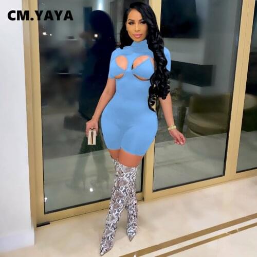 CM.YAYA Women solid beach cut out with bra playsuit sexy party short sleeve romper turtleneck overall outfits 11 colors summer
