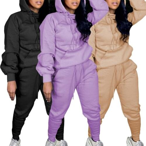 Women Fleece Warm Two Piece Set Autumn Winter Clothes Full Sleeve Hooded Sweatshirt Hoodie+jogger Pant Casual Matching Outfits