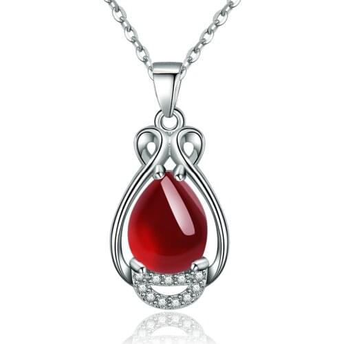 Necklace 925 Silver Jewelry Water Drop Shape Red Zircon Gemstone Pendant Accessories for Women Wedding Engagement Drop Shipping