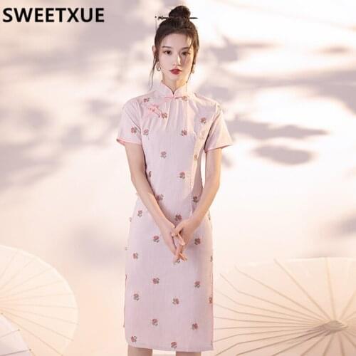 SWEETXUE 2021 Summer New Fashion Retro Cotton Linen Embroidered Rirl Young Dress Pink Fashion Elegant Party Midi Dress