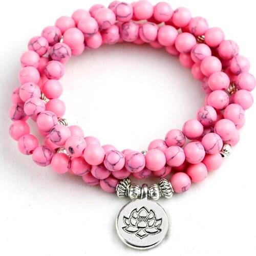 108 Beads Mala Bracelet Necklace 6mm Pink Howlite Buddha Bracelet Prayer Buddhist Charm for Women Girls Yoga Jewelry